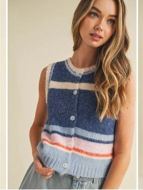 Klesis Marcy Striped Knit Button-Front Sweater Vest - Size S Blue NWT